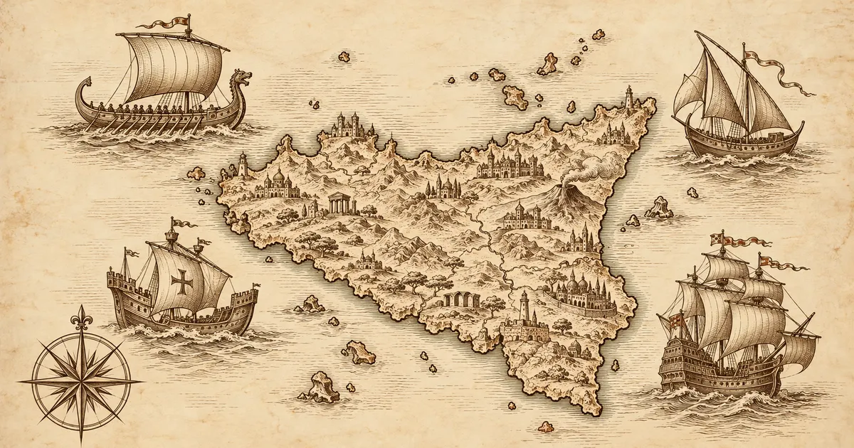 Un’antica carta della Sicilia incisa color seppia, con navi a vela di epoche diverse attorno all’isola