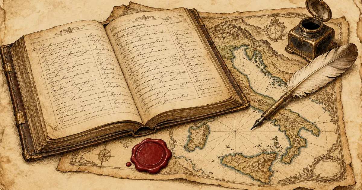 Un antico registro parrocchiale aperto su una vecchia carta geografica dell’Italia