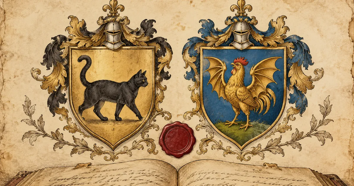 Due scudi araldici su pergamena, un gatto nero su fondo d’oro e un gallo d’oro con ali di drago su fondo azzurro, sopra un libro aperto