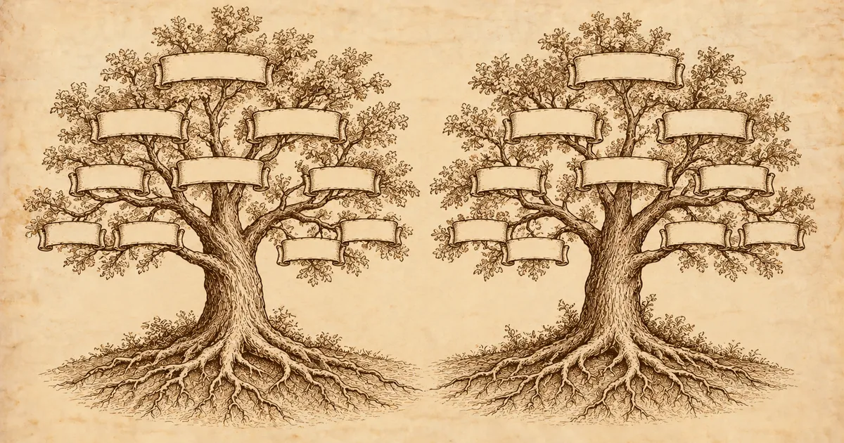 Due alberi genealogici disegnati a china su pergamena, uno accanto all’altro, con le radici separate