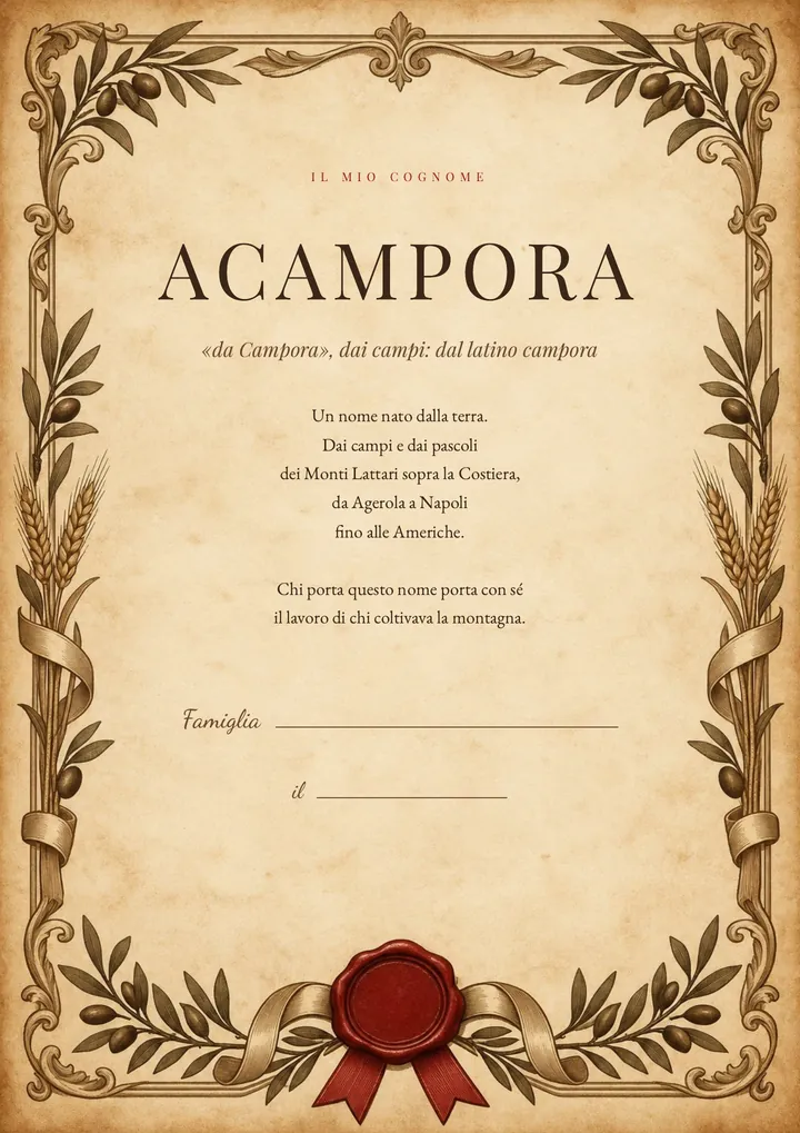 Una pagina del PDF sul cognome Acampora