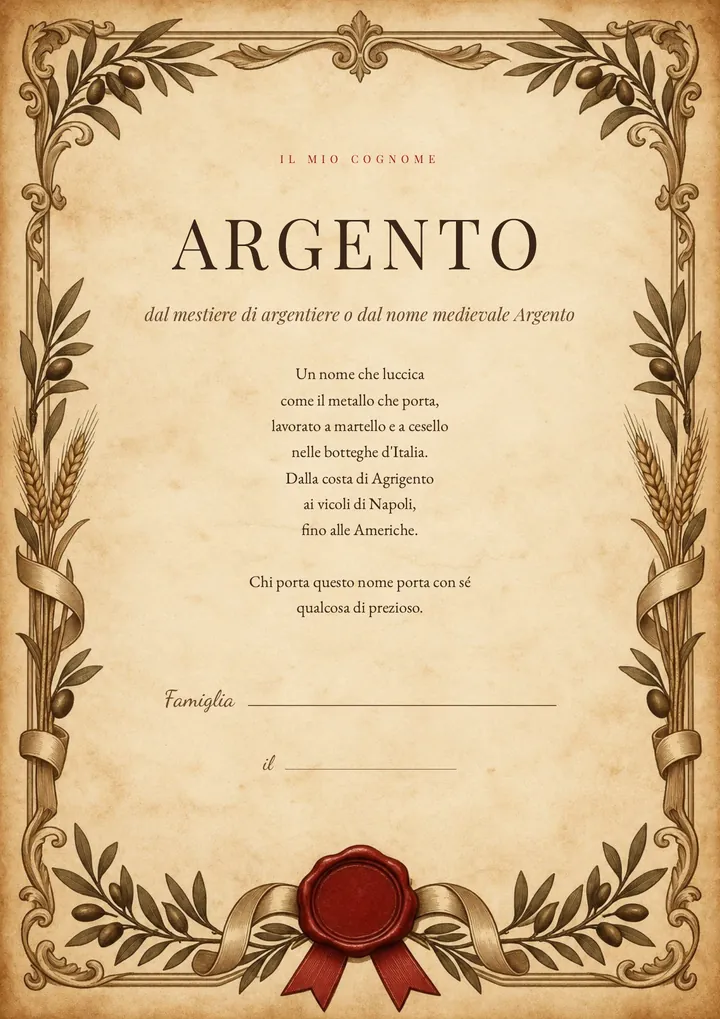 Una pagina del PDF sul cognome Argento
