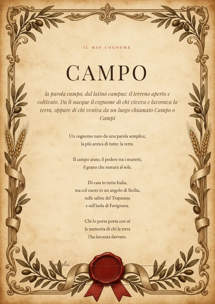 Una pagina del PDF sul cognome Campo