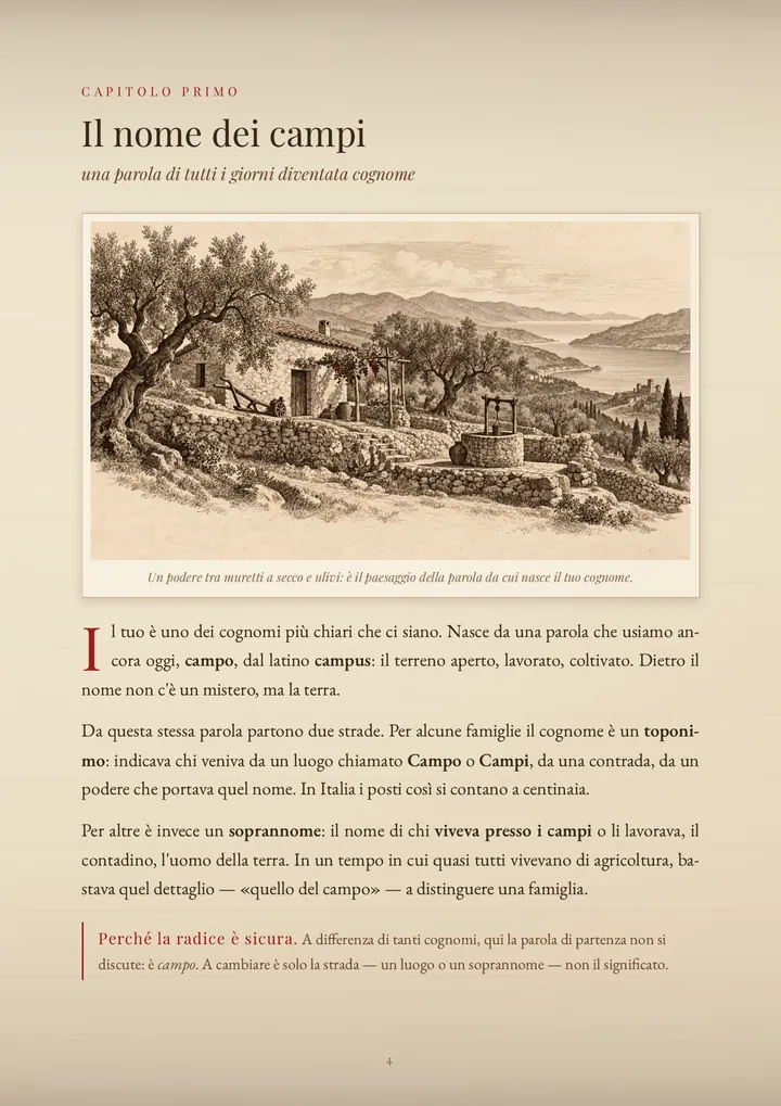 Una pagina del PDF sul cognome Campo