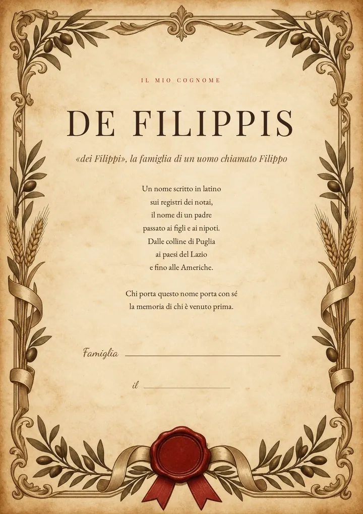 Una pagina del PDF sul cognome De Filippis