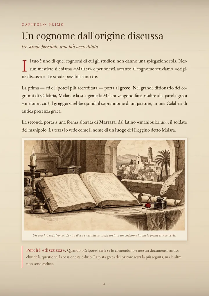 Una pagina del PDF sul cognome Malara