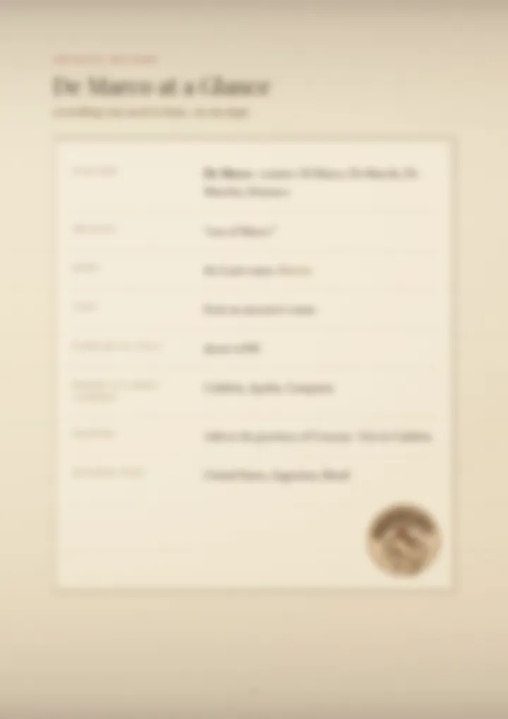 A blurred page from the PDF on the De Marco surname