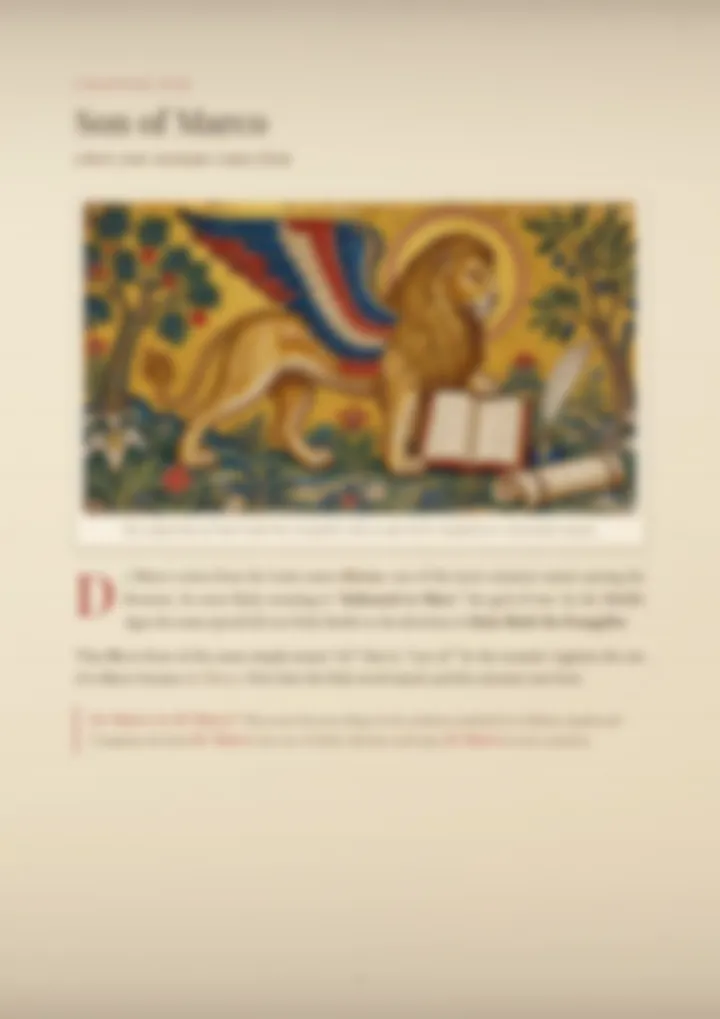A blurred page from the PDF on the De Marco surname