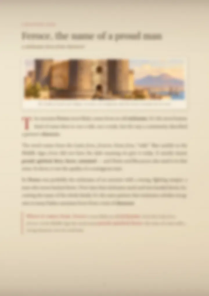 A blurred page from the PDF on the Feroce surname