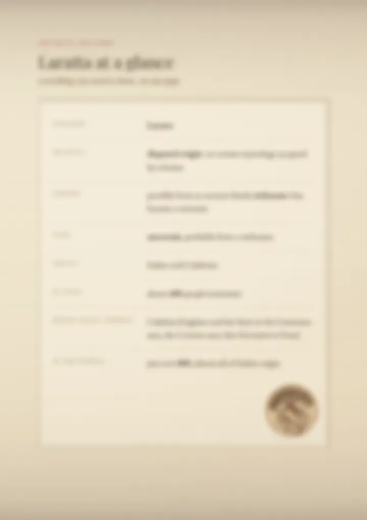 A blurred page from the PDF on the Laratta surname