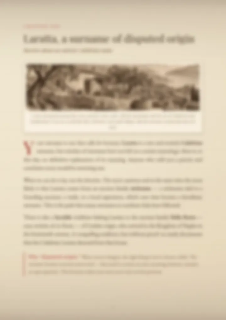 A blurred page from the PDF on the Laratta surname