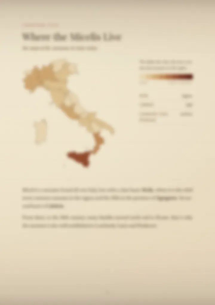 A blurred page from the PDF on the Miceli surname