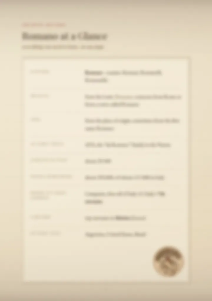 A blurred page from the PDF on the Romano surname