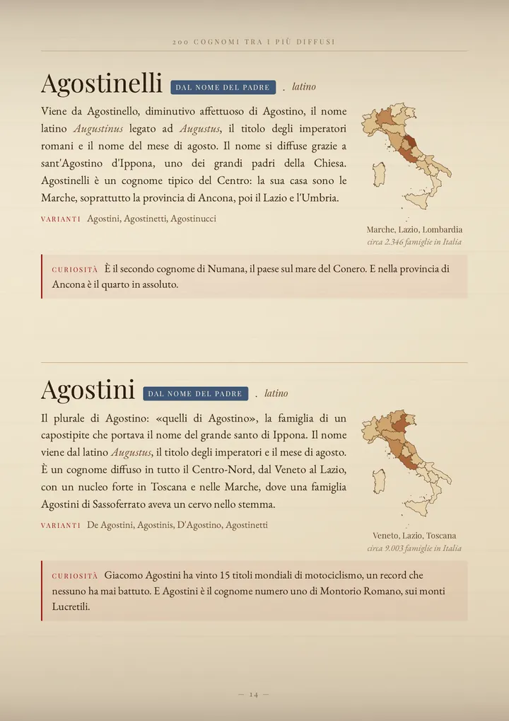 Una pagina del volume I cognomi del Centro Italia