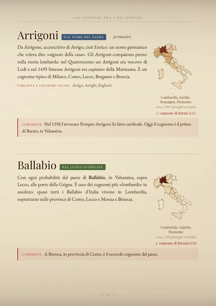 Una pagina del volume I cognomi di Lombardia