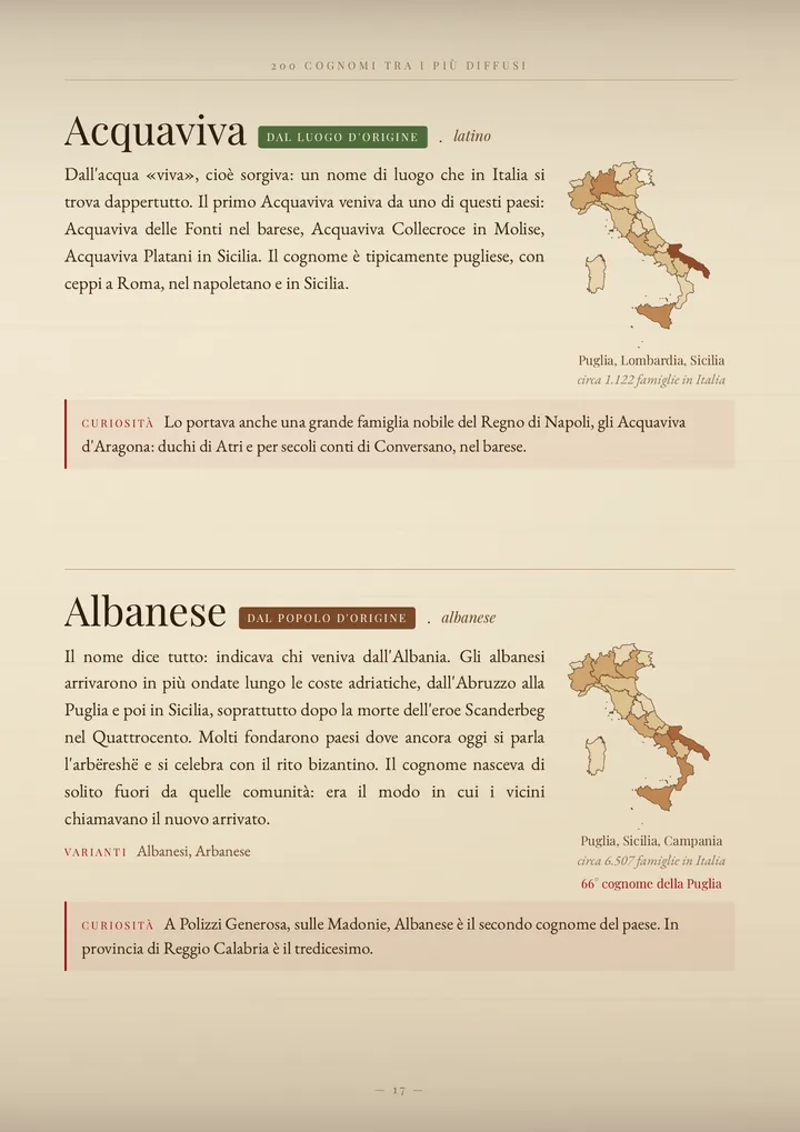 Una pagina del volume I cognomi di Puglia
