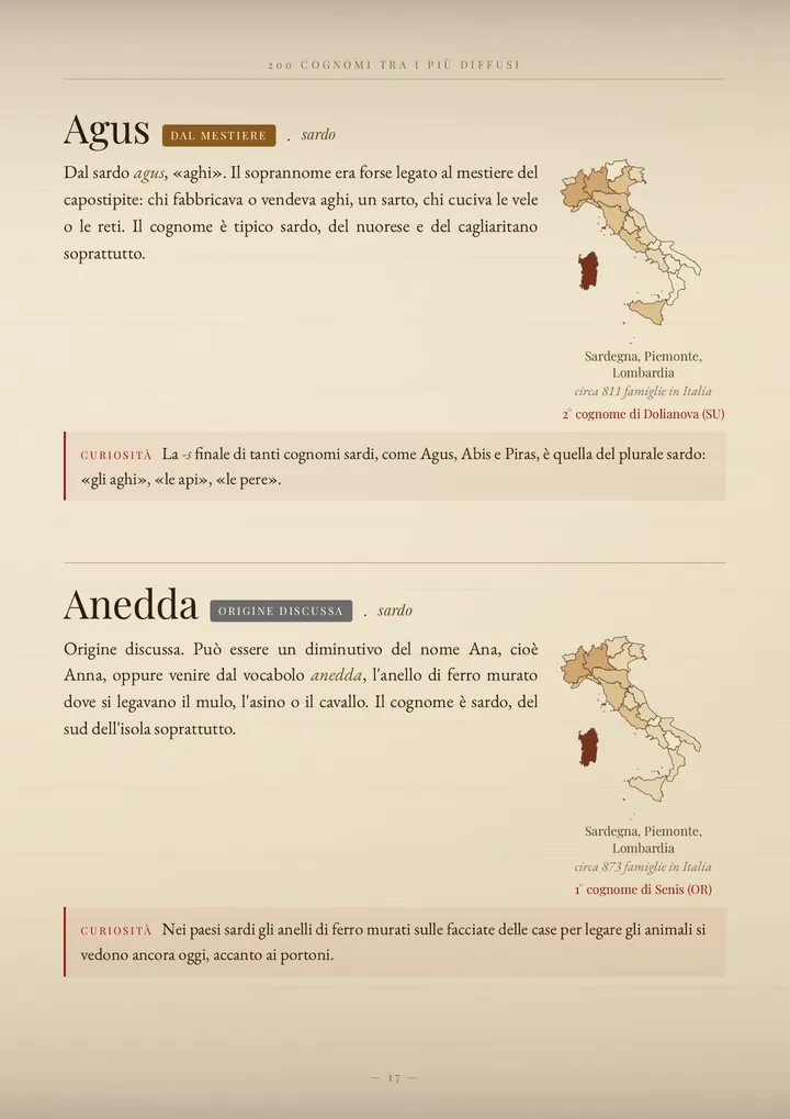 Una pagina del volume I cognomi di Sardegna