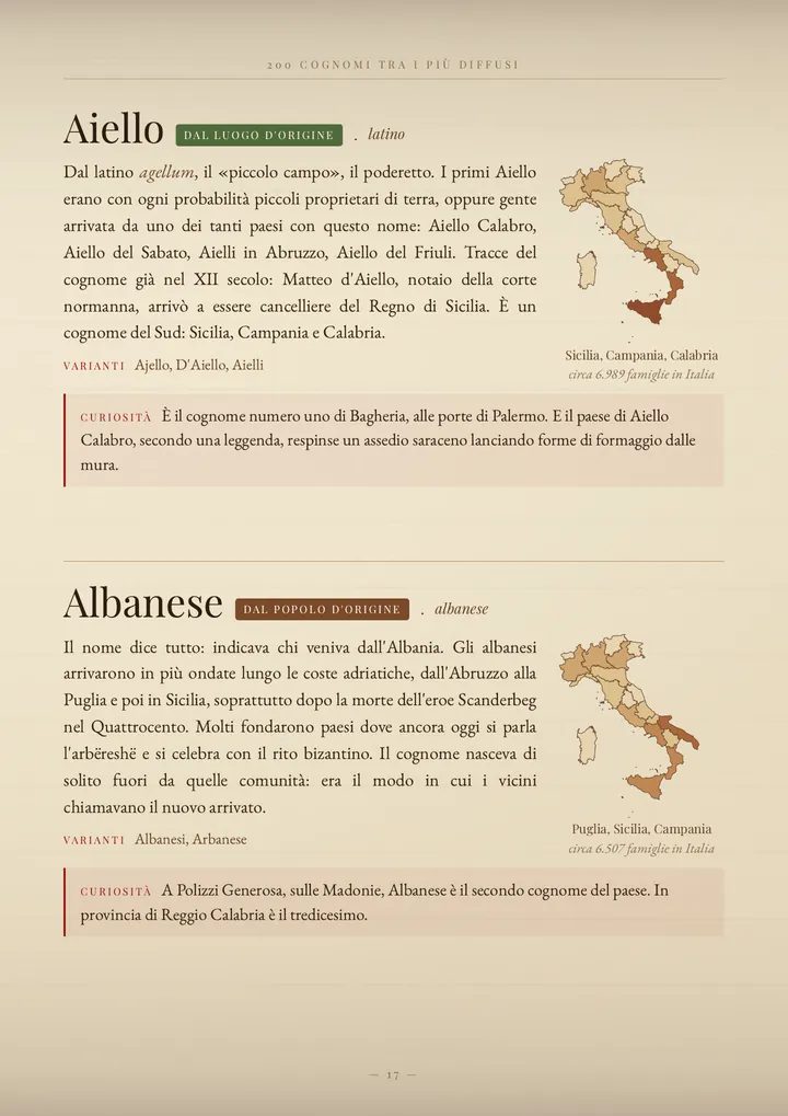 Una pagina del volume I cognomi del Sud e delle Isole