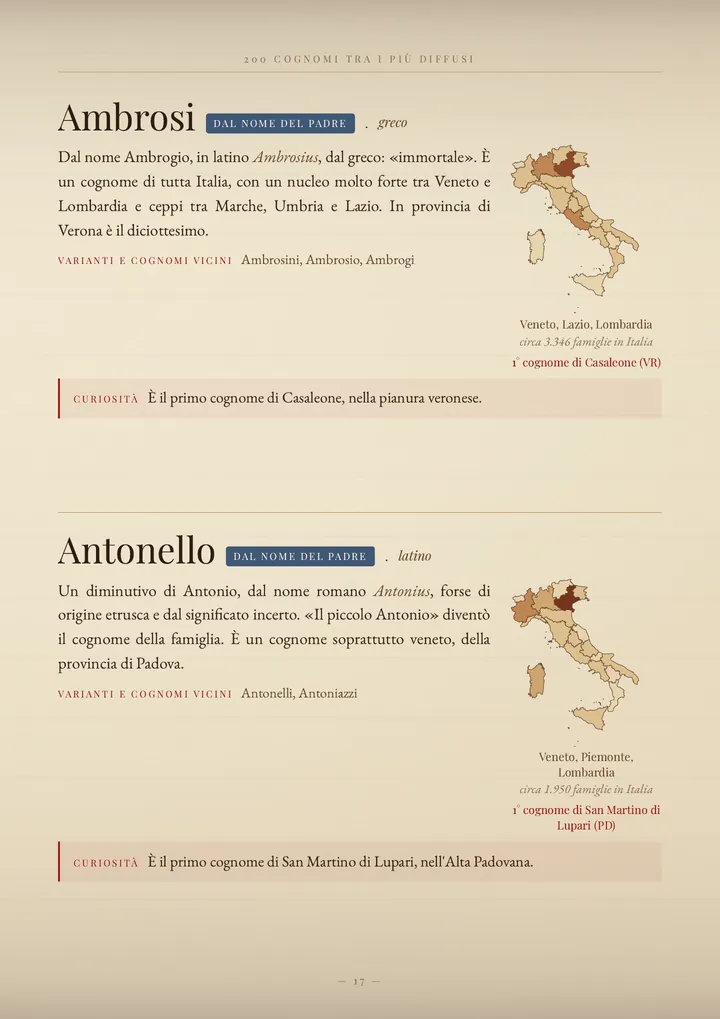Una pagina del volume I cognomi del Veneto